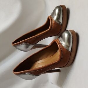 Tory Burch Nova All Leather Brown Silver Platform Pump Heels (W Size 9)